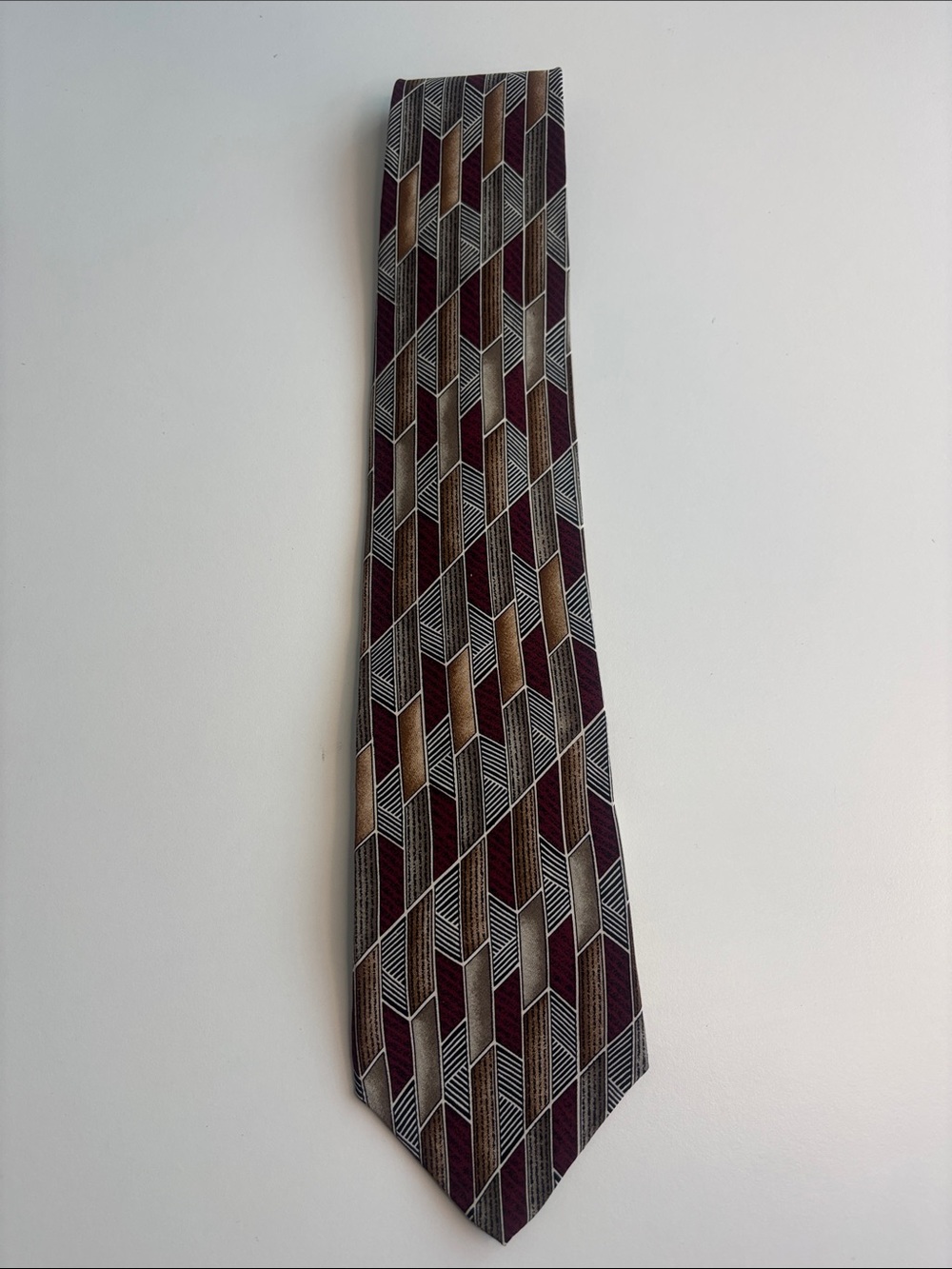 Men's Burgundy and Brown Geometric Pattern Silk Necktie -599sku